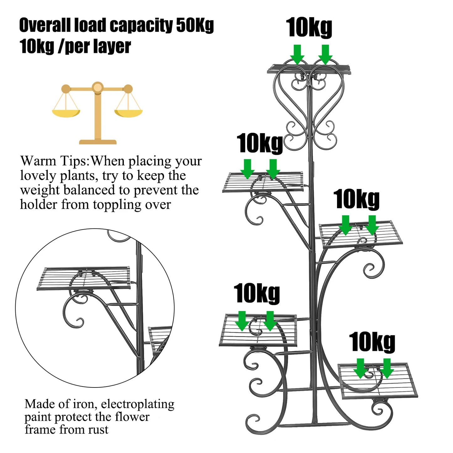 5 Tiered Tall Plant Stand Indoor Outdoor Iron Planter Shelf Garden Metal Flower Pots.