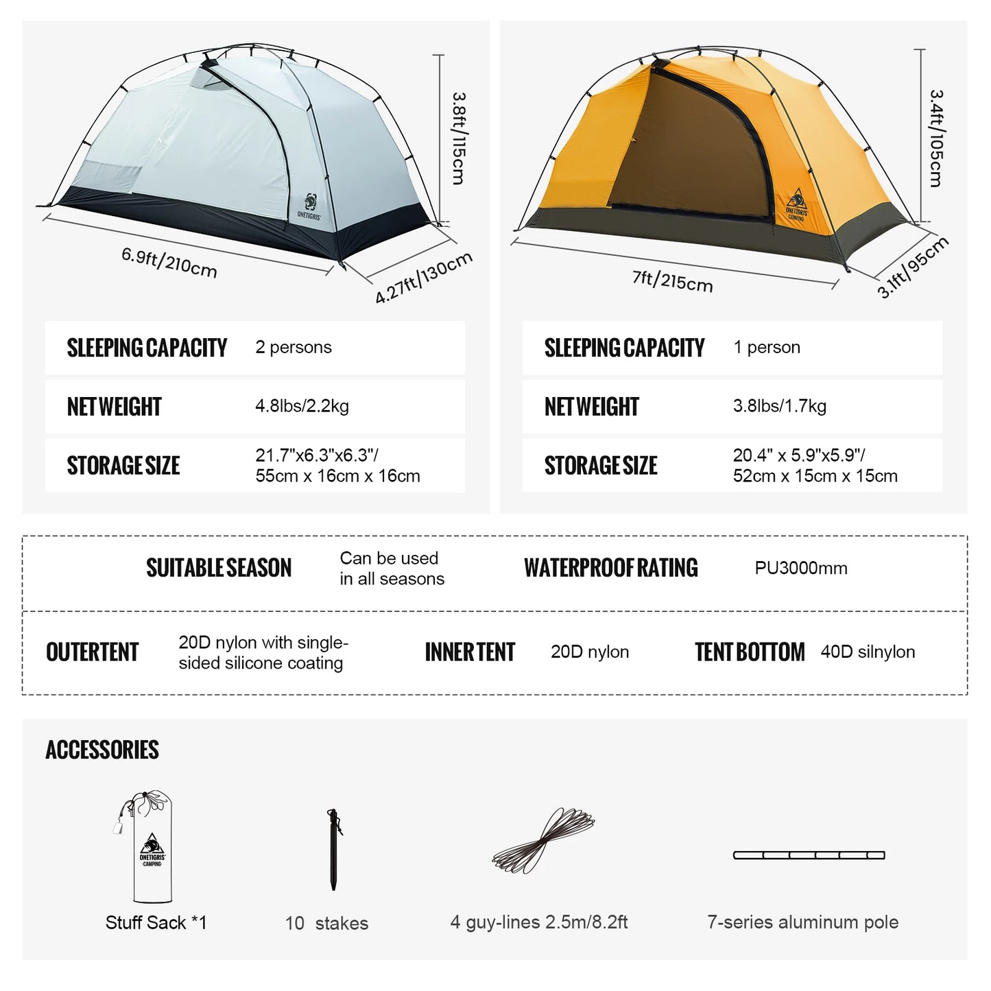 OneTigris Stella Camping Tent 4 Season 2 Person Tourist Tents Lightweight Double Layer