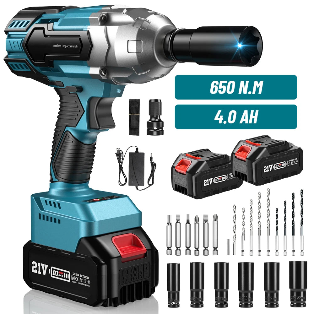 Seesii 3-in-1 650N.m Cordless Impact Wrench & Electric Drill & Screwdriver 1/2" Brushless Impact Gun Kit with 2*4.0ah Batteries LED Light for Car Home