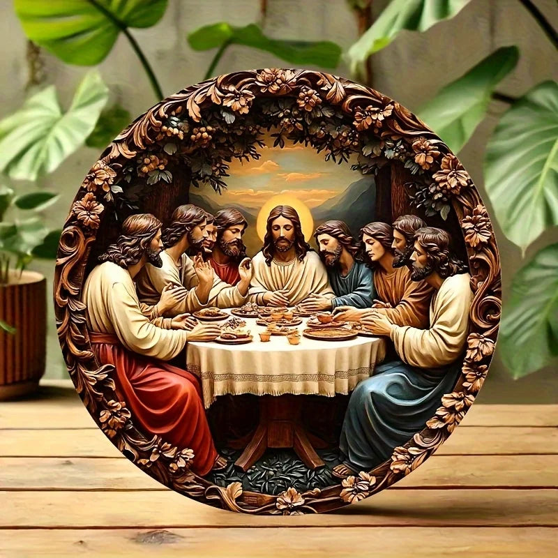 2D 8in Wooden Circular Disc Jesus and Disciples Flat Christian Religious Art