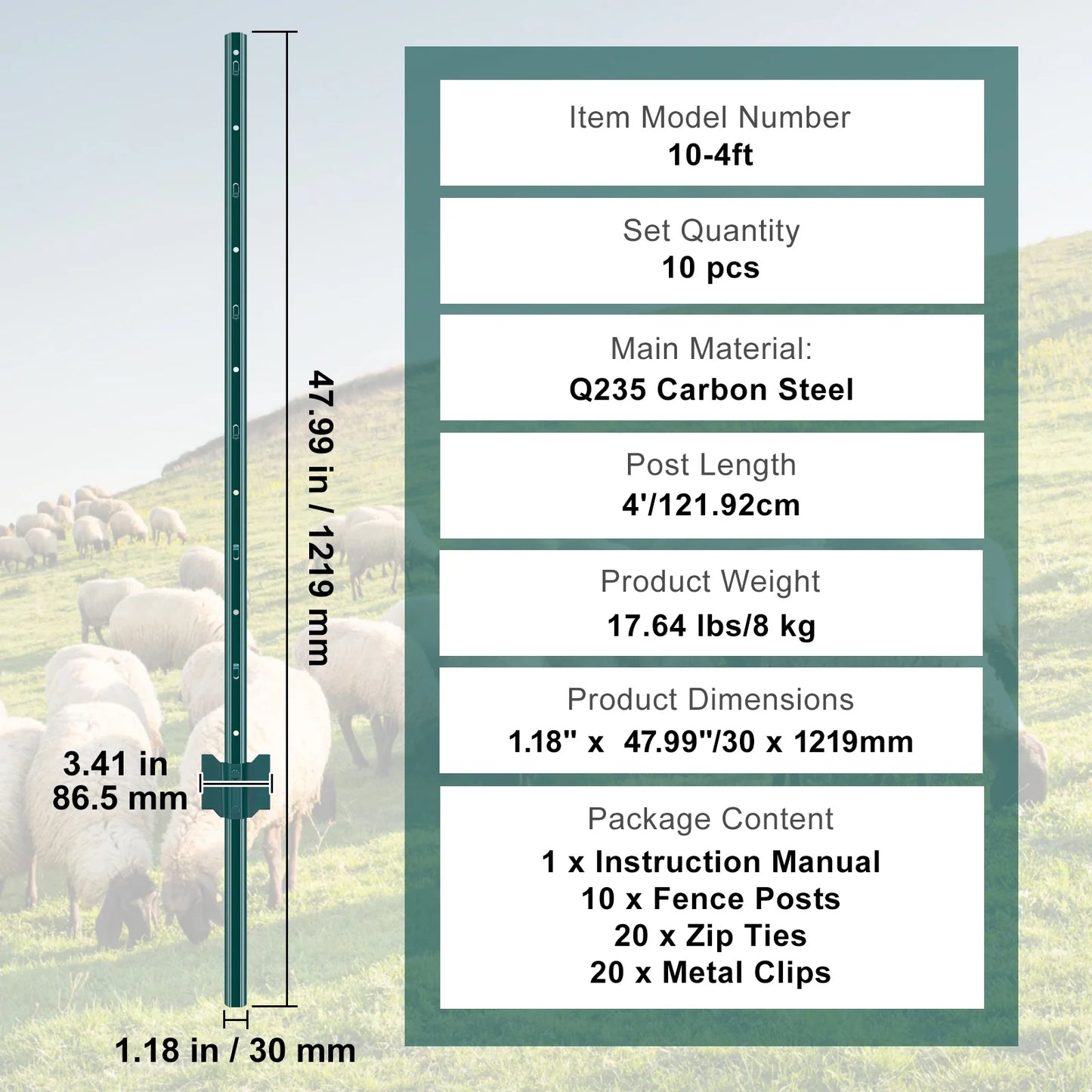 4/5/6/7 Ft Fence Post 6/10 Pack T-Post Heavy Duty Metal Fence Posts Green