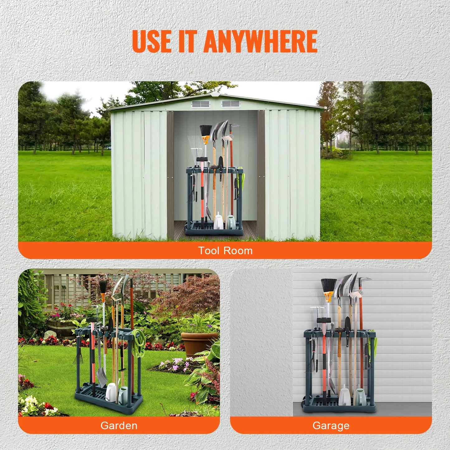 10Slots Yard Garden Tool Organizer Long-Handled Tool/Rake/Broom Tower Storage Rack