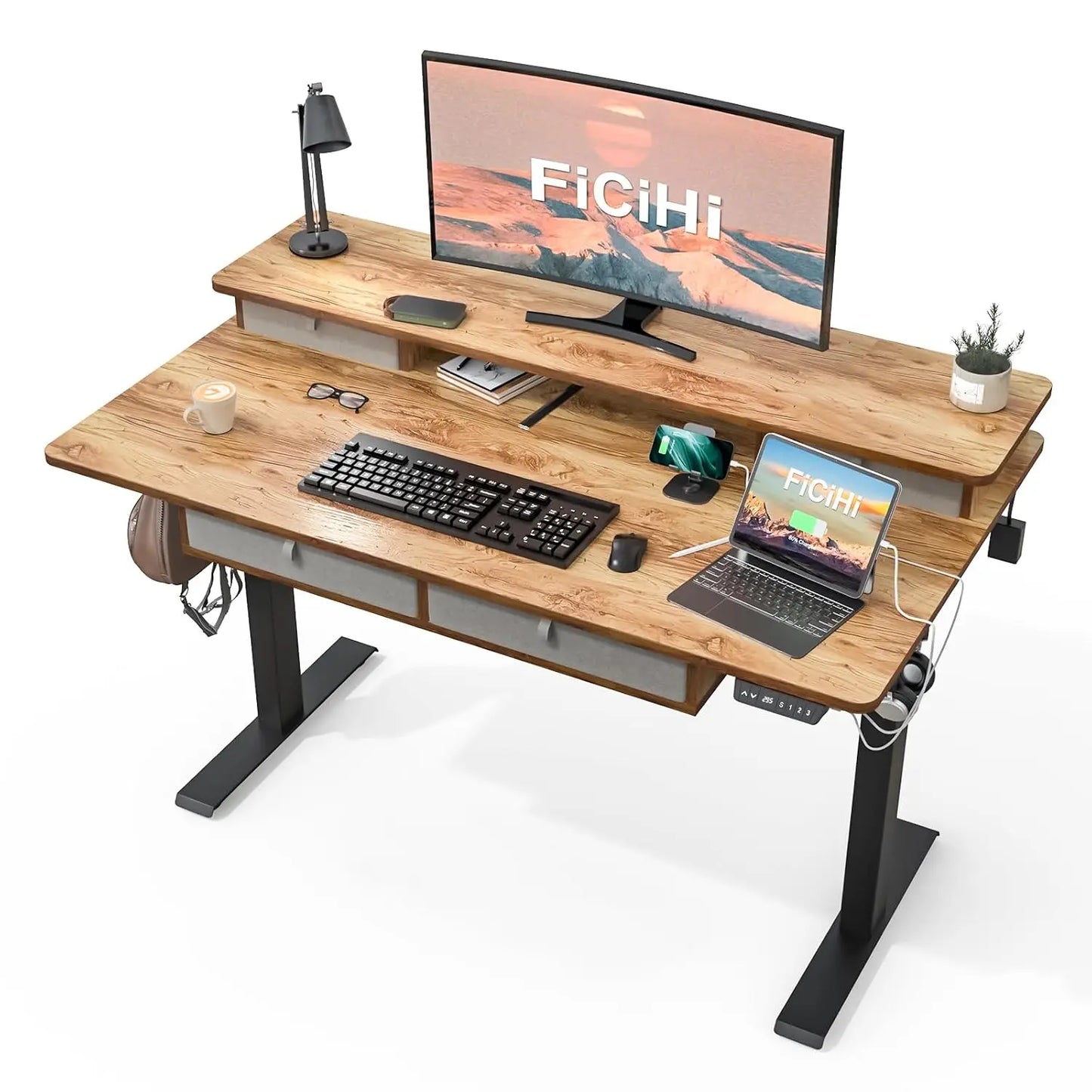 Height Adjustable Electric Desk 55x30" 4 Drawer Two Tier 3 Memory USB Port Home Office