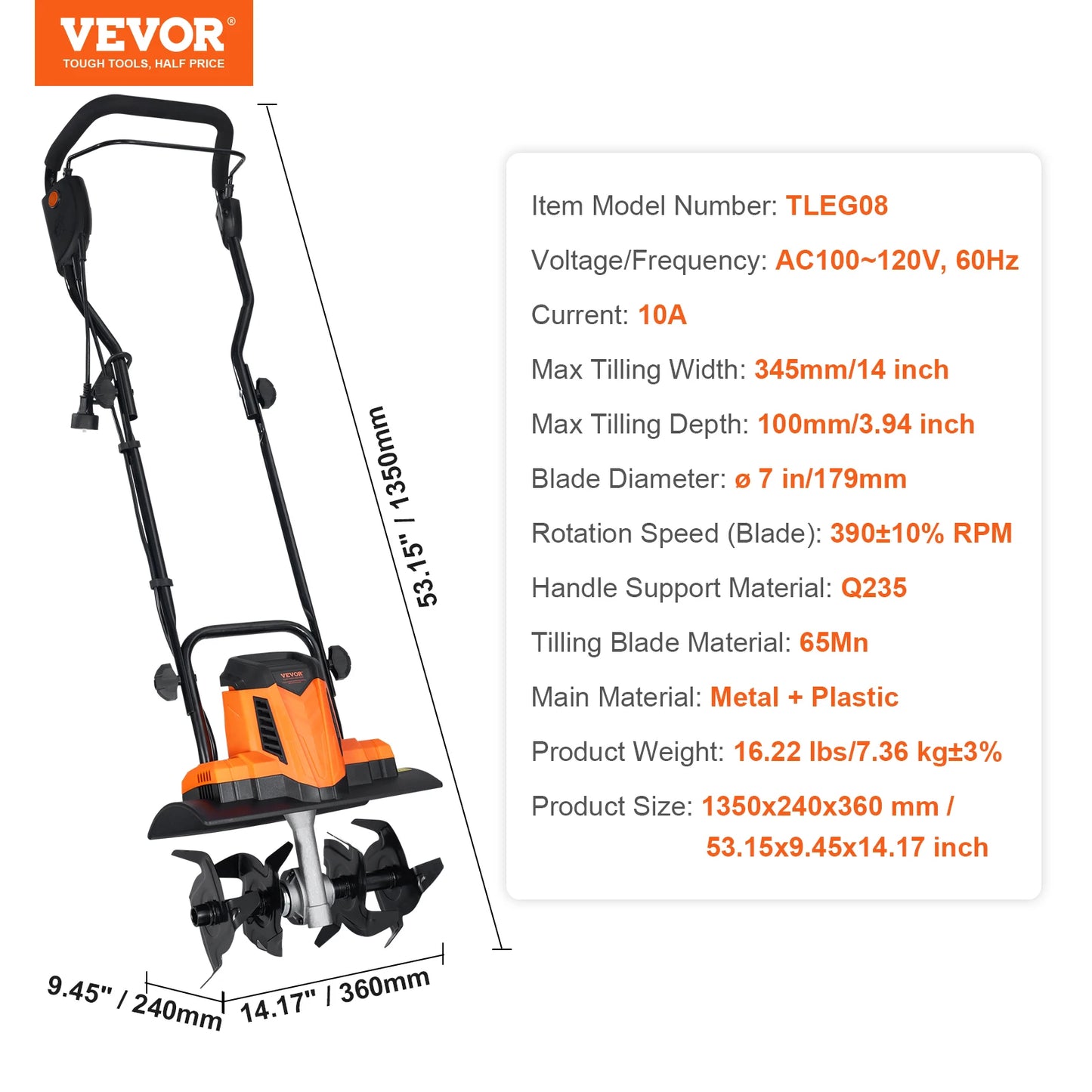 12 Amp Electric Tiller 18" Tilling Width 3.94" Tilling Depth Corded