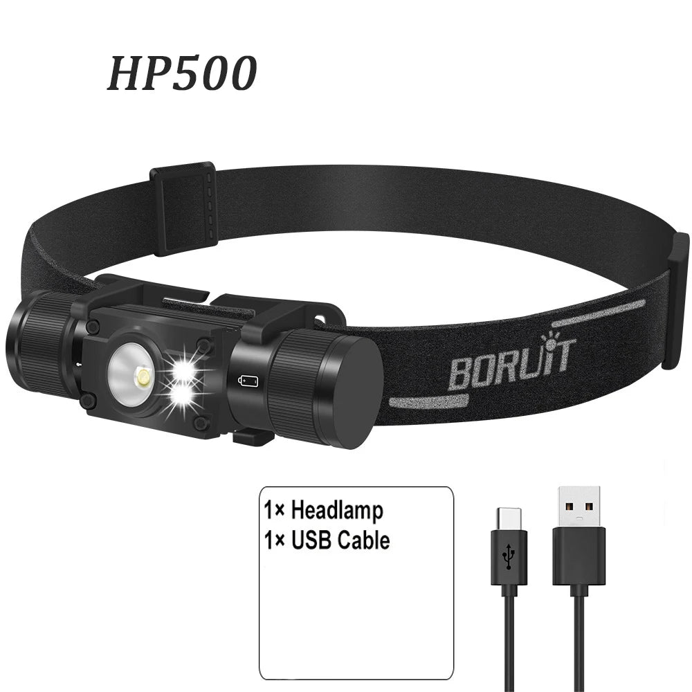 BORUiT LED Headlamp 7-Modes Powerful Waterproof Headlight Type-C Rechargeable