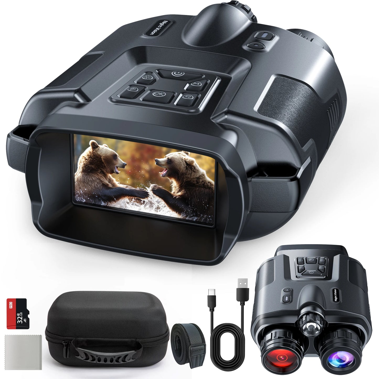 4K Night Vision Binoculars 32GB Infrared Night Vision Goggles 3” Large Screen 8X Digital Zoom Tactical Light