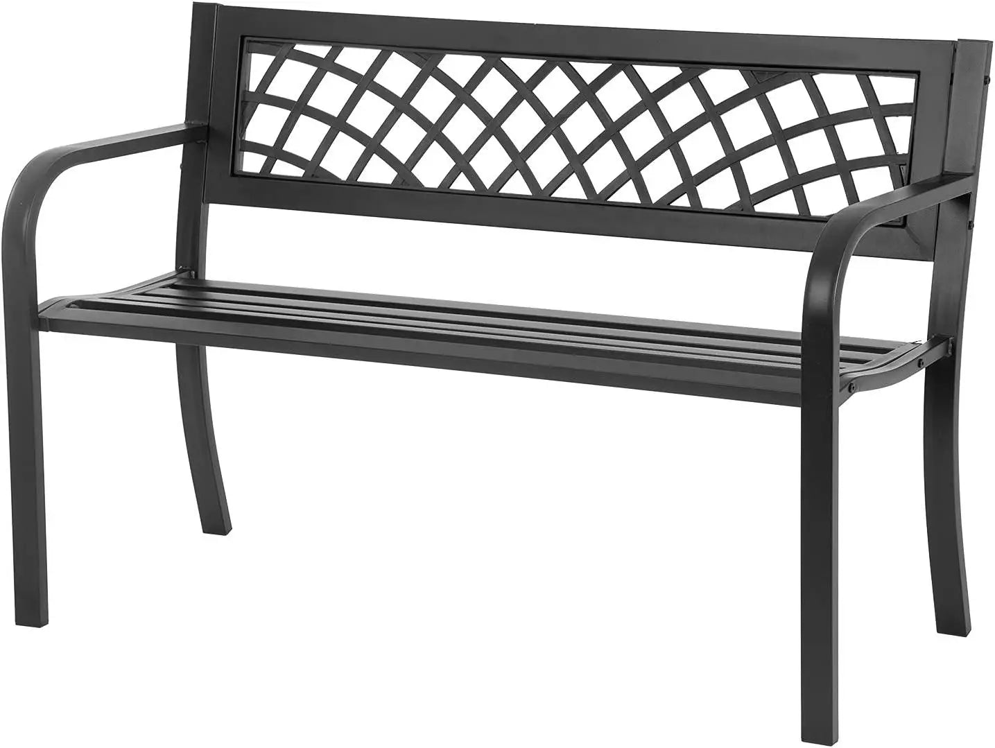 Outdoor Iron Frame Patio Bench with Mesh Pattern and Plastic Backrest