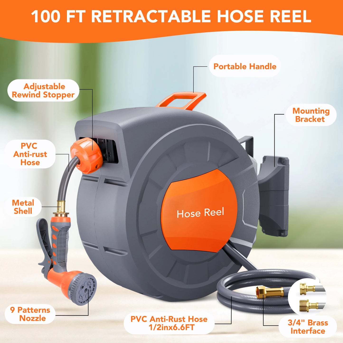 Retractable Garden Hose Reel 65/ 100 ft, Wall Mounted, 9-Function Sprayer, Any Length Lock, 180° Swivel, Automatic Rewind & Slow Return System