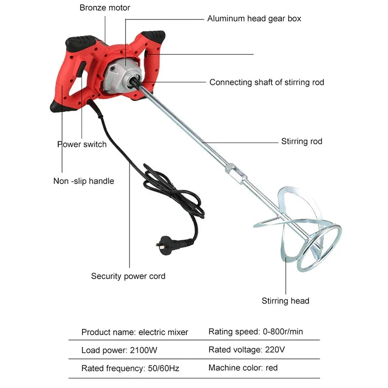 2100W Industrial Grade Electric Mixer 6 Gear Speed Adjustable Handheld