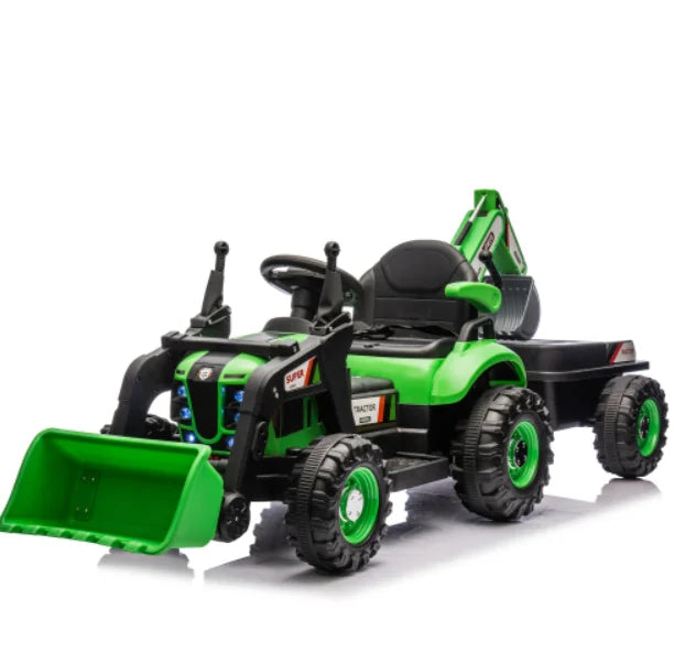 24v Ride-On Electric Toy Tractor 4-in-1 Construction Attachments Remote Control, 3-Speed