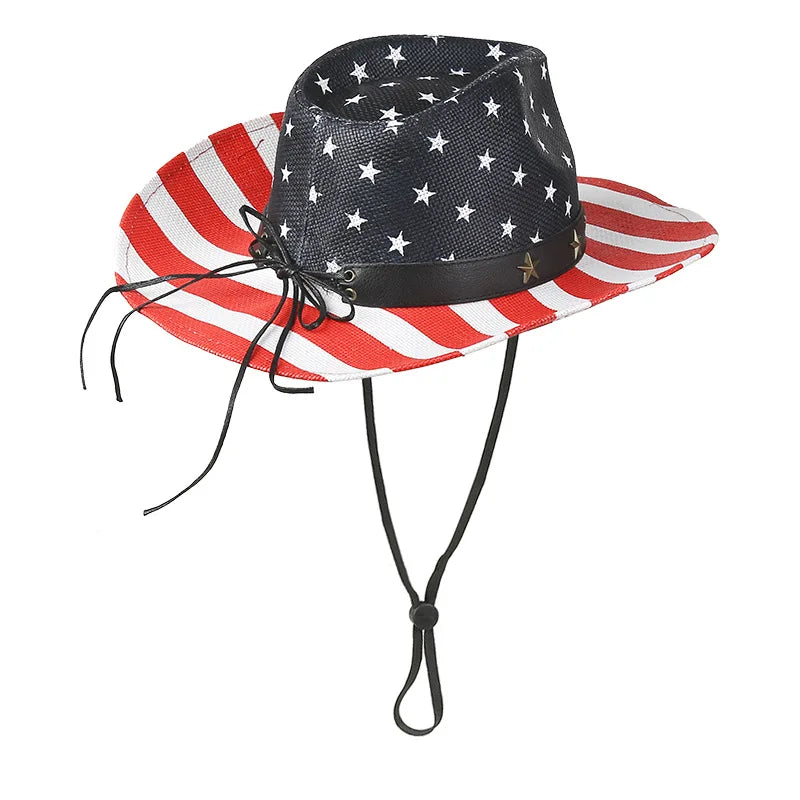 Outdoor Sun Protection Straw American Flag Western Cowboy Hat