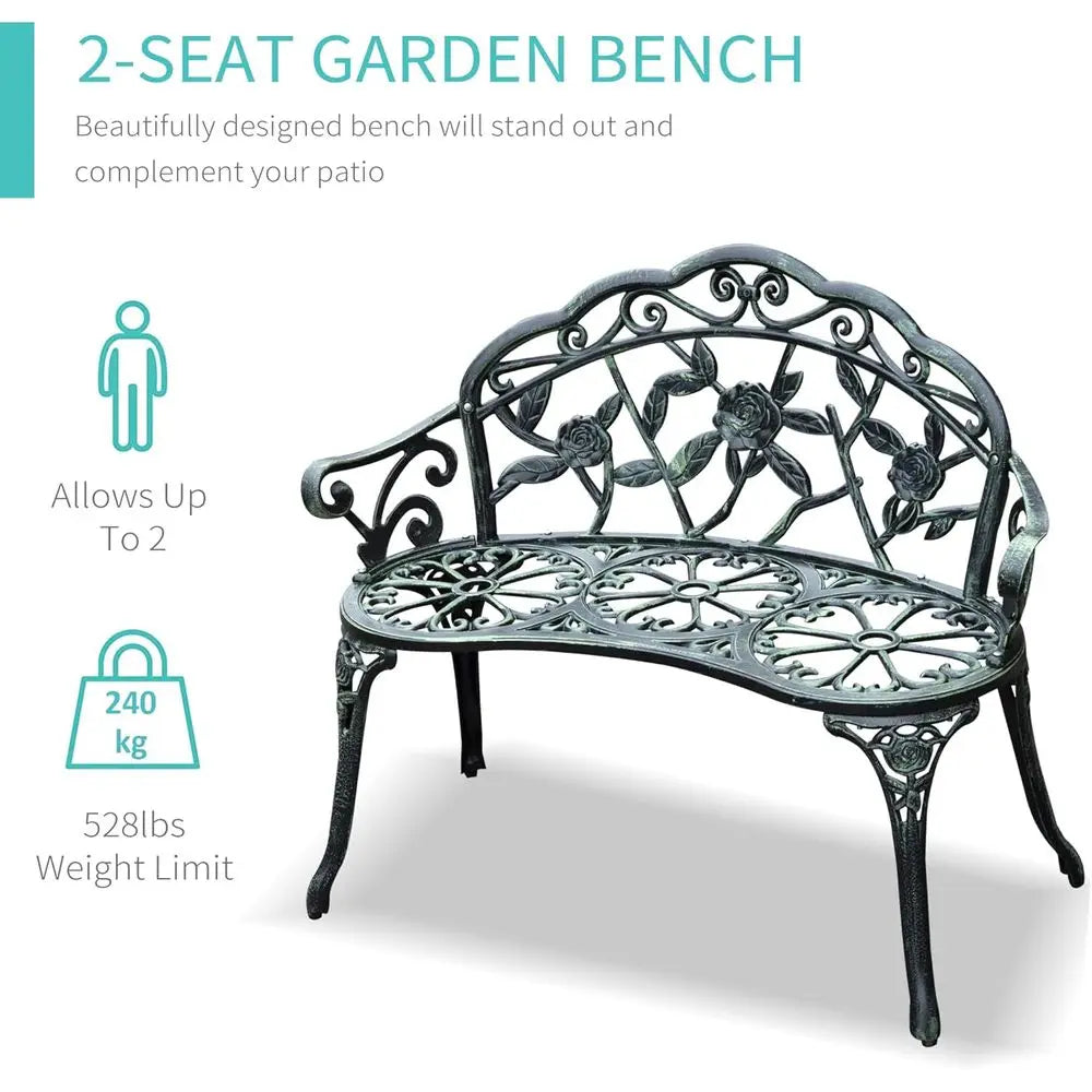 Vintage Garden Bench with Floral Rose Accent – Antique Green