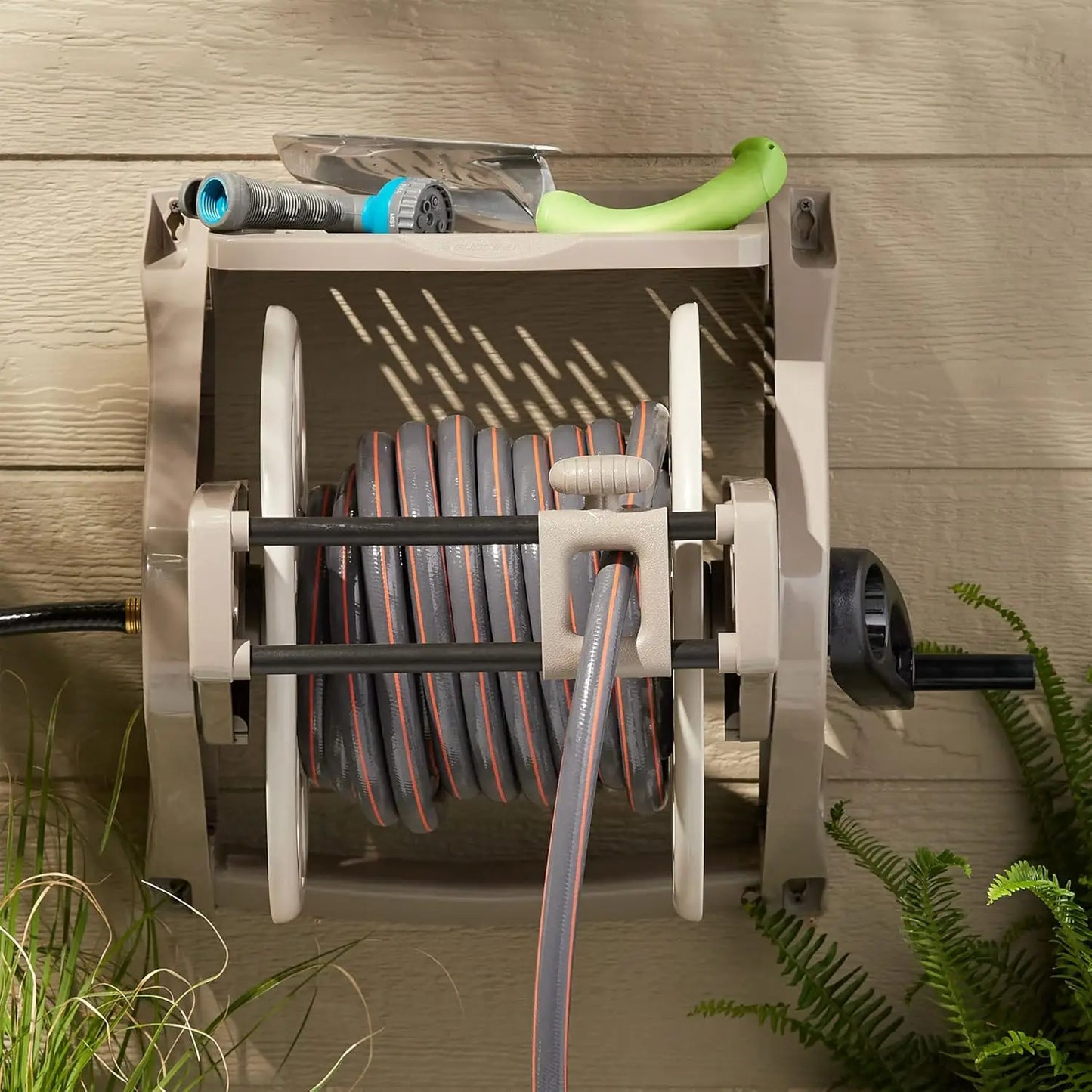 Wall-Mounted Garden Hose Reel, Holds 175 Ft of 5/8" Hose, with Storage Tray for Tools, Durable Resin, Easy Winding Guide