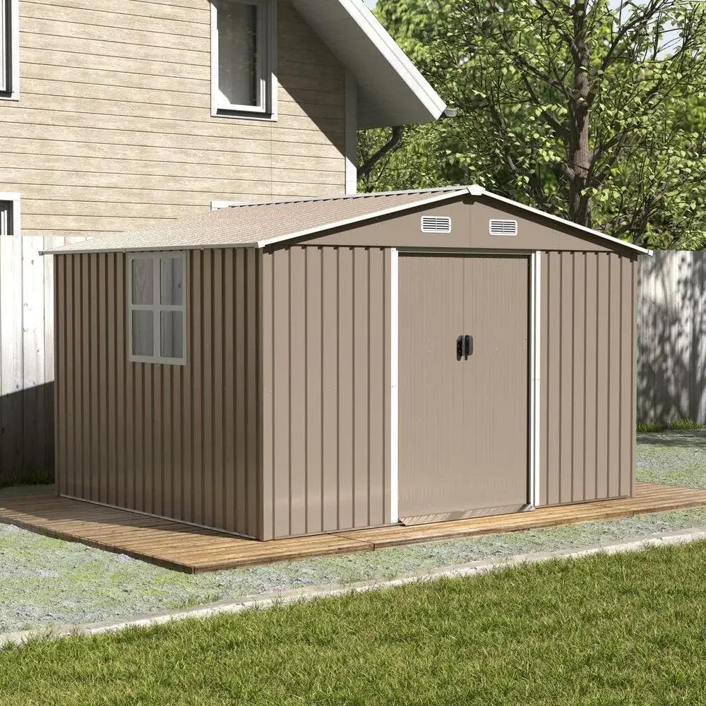 10FT x 8FT Outdoor Storage Shed with Window and Lockable Doors, Waterproof Tool Shed Galvanized Steel