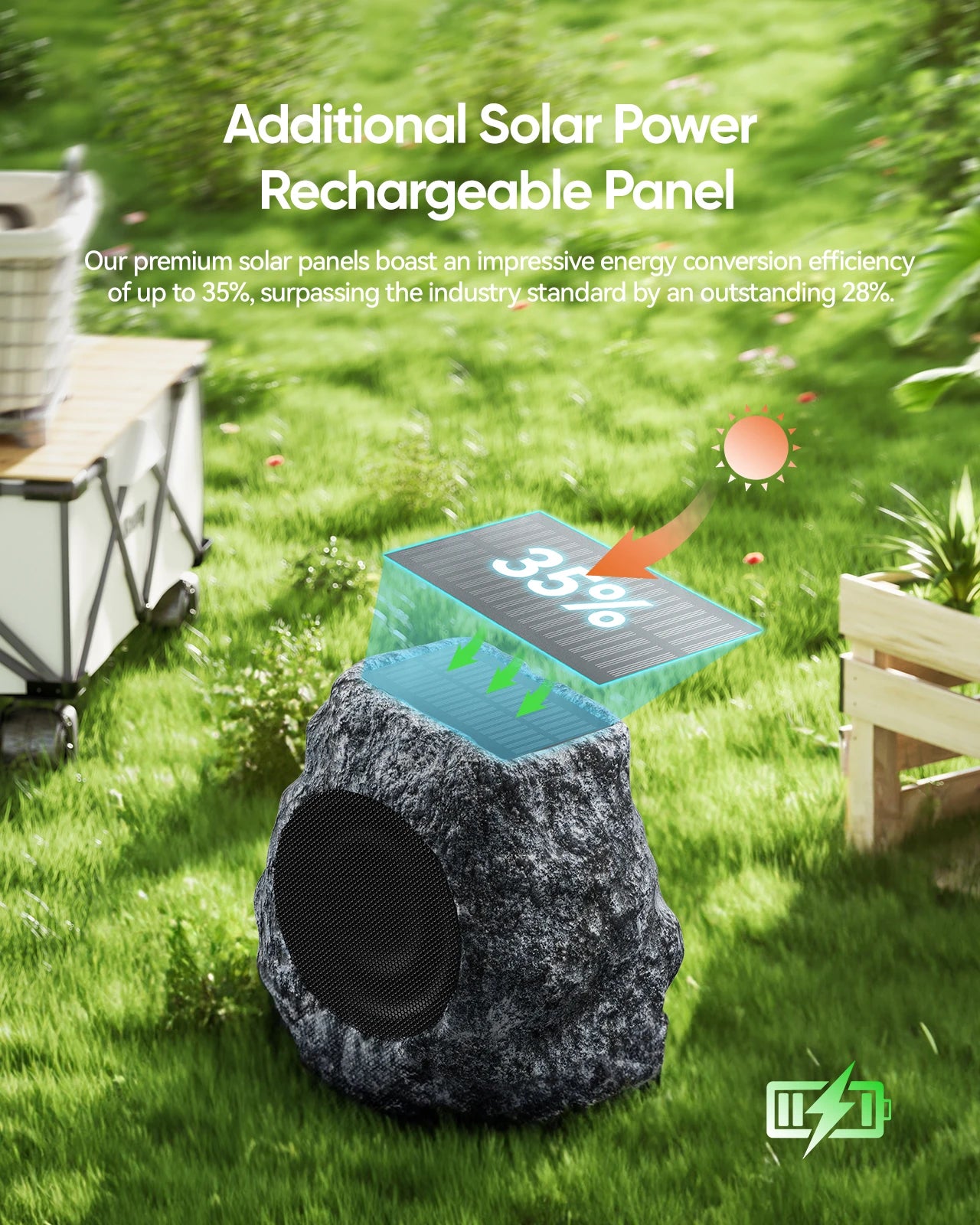 Outdoor Rock Solar Powered Blue Tooth Speakers 30W Deep Bass IPX7 Waterproof Wireless Connectivity Weatherproof Design Pool Deck