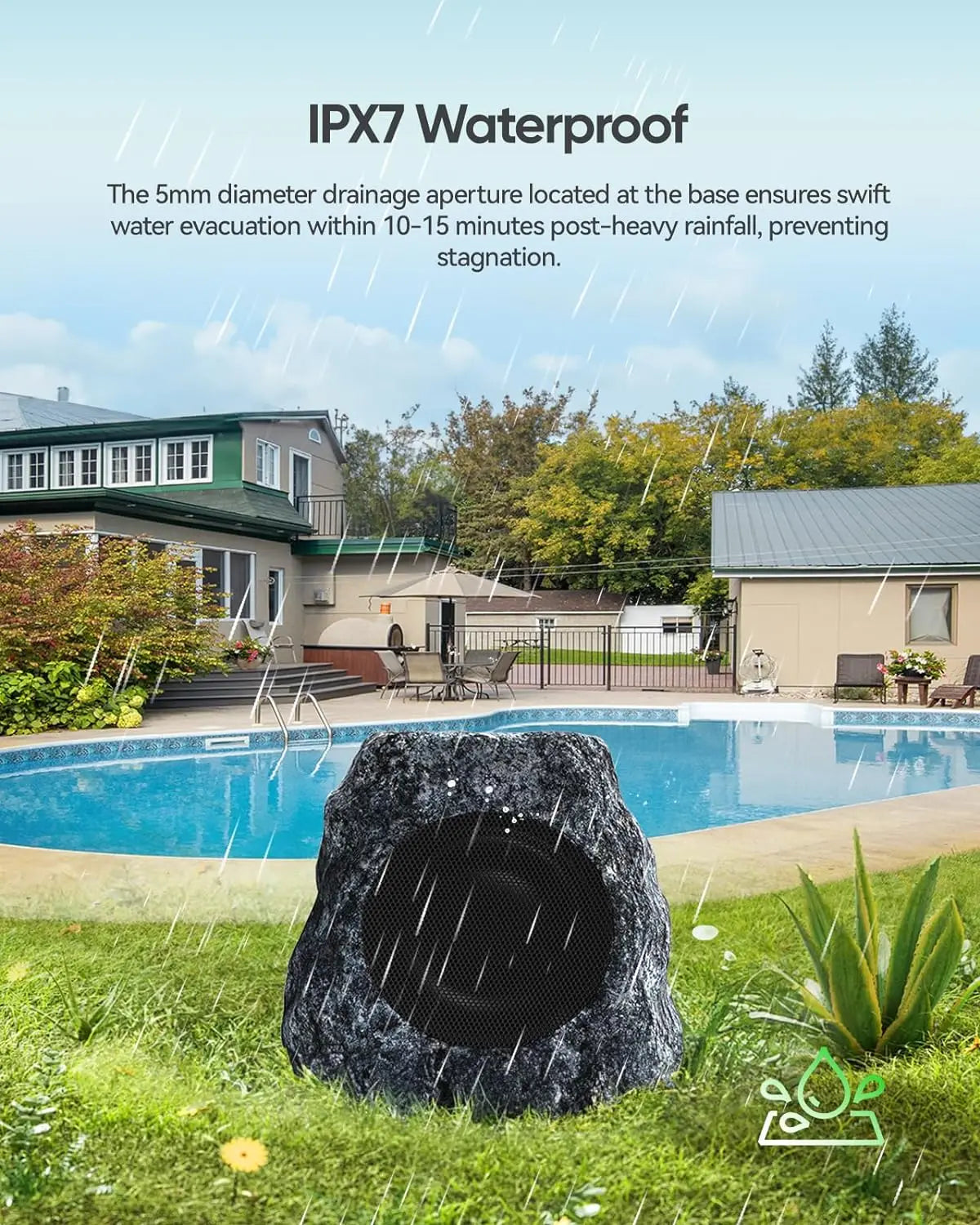 Outdoor Rock Solar Powered Blue Tooth Speakers 30W Deep Bass IPX7 Waterproof Wireless Connectivity Weatherproof Design Pool Deck