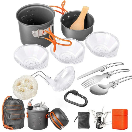 Portable 1-2 People Camping Cookware Set 15-18pcs Mess Kit with Non-Stick Pot Pans for Outdoor Cooking