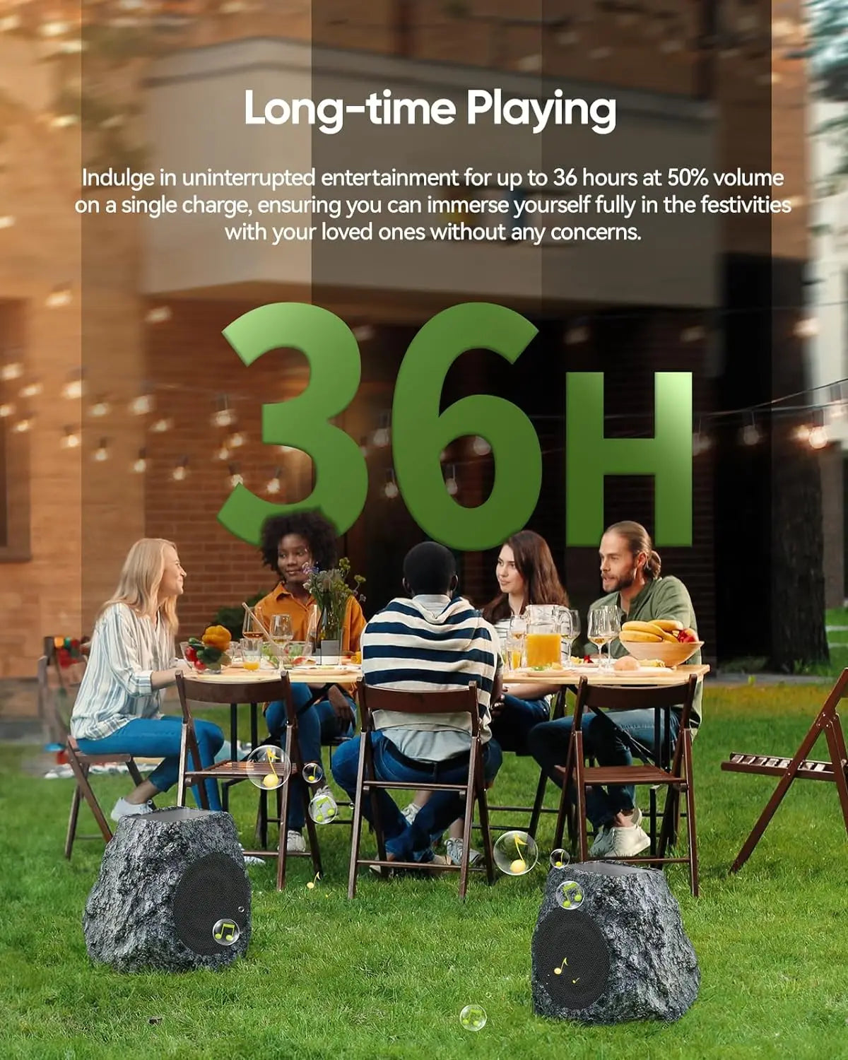 Outdoor Rock Solar Powered Blue Tooth Speakers 30W Deep Bass IPX7 Waterproof Wireless Connectivity Weatherproof Design Pool Deck