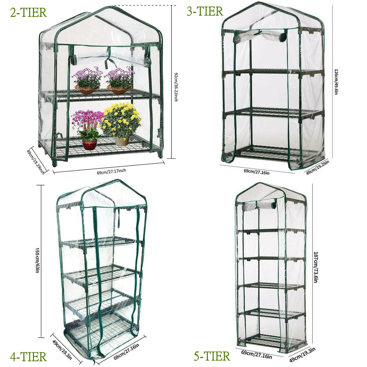 2-5 Tier Walk-in Greenhouse Cover with Zipper Door, No Frame