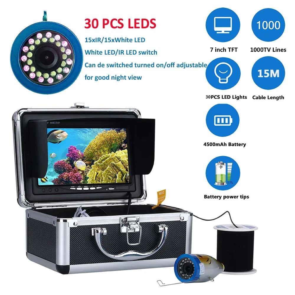 Fish Finder Underwater Fishing Camera Double Lamp 30LEDs 7Inch 15M 30M 50M IP68 Waterproof