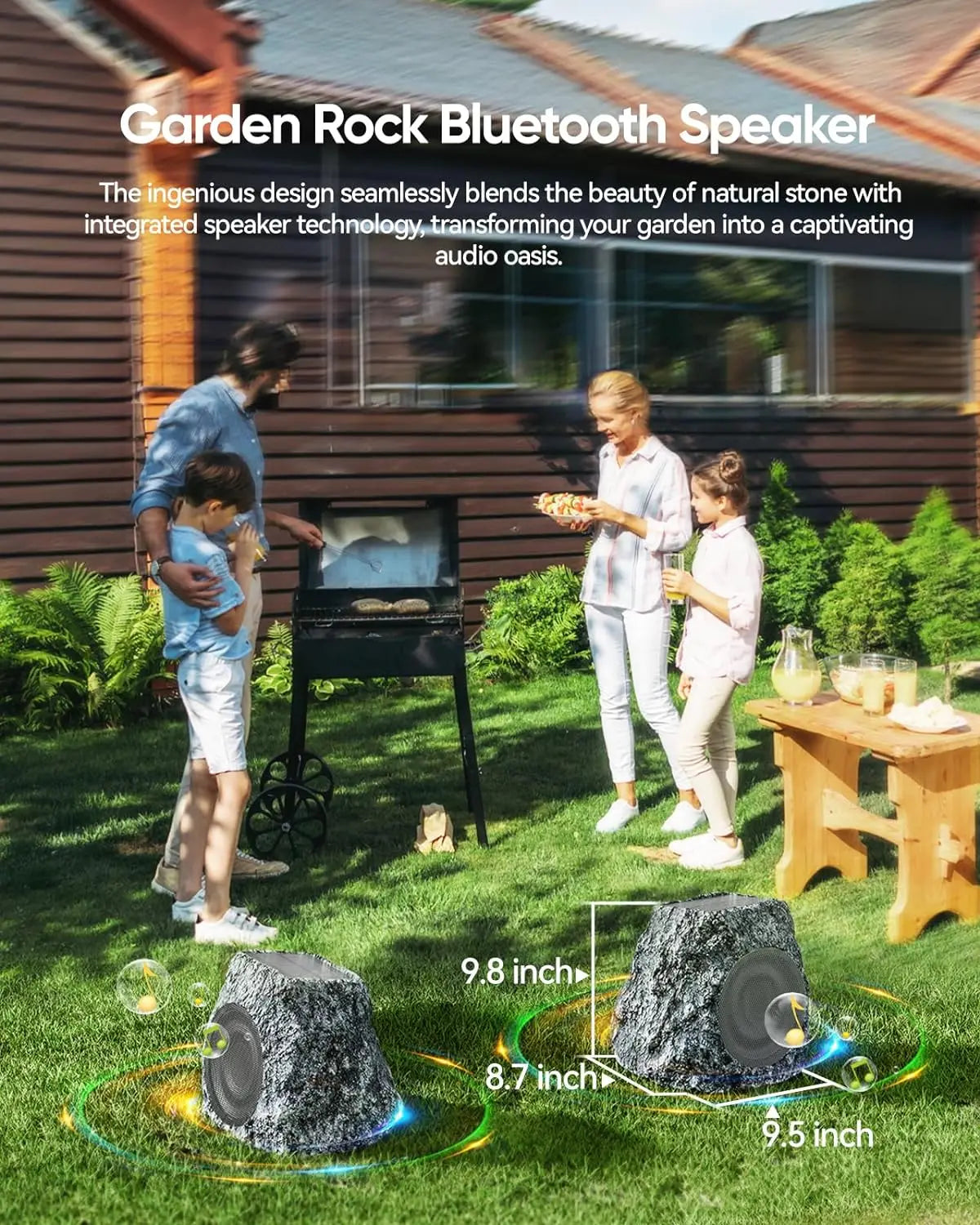 Outdoor Rock Solar Powered Blue Tooth Speakers 30W Deep Bass IPX7 Waterproof Wireless Connectivity Weatherproof Design Pool Deck