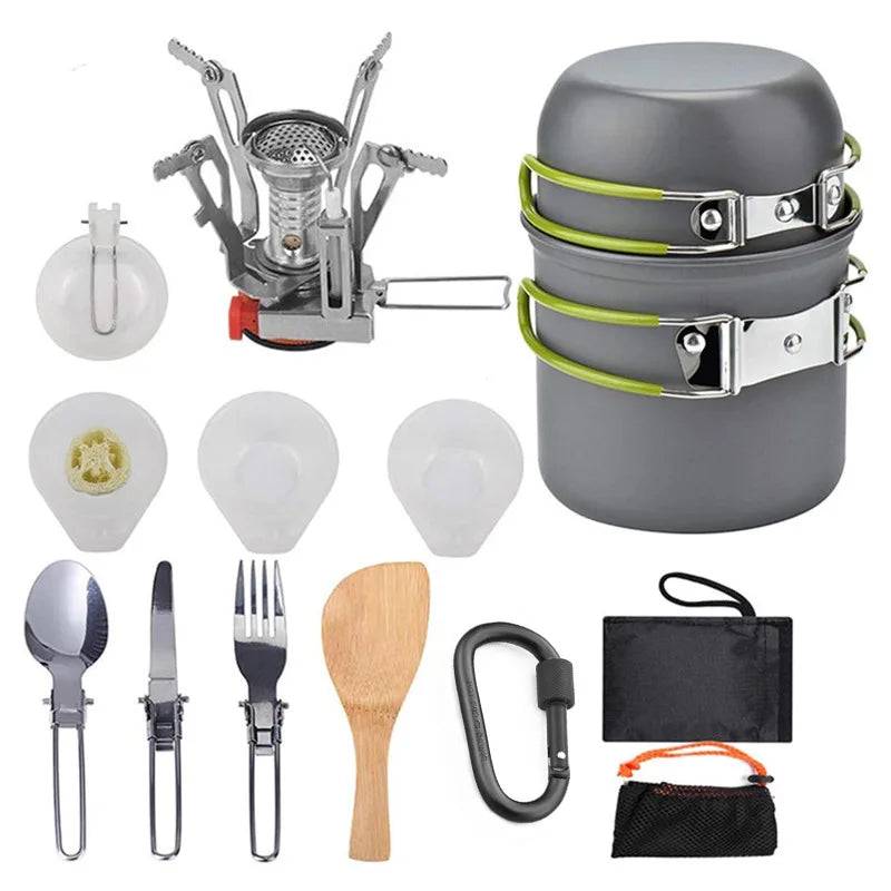 Portable 1-2 People Camping Cookware Set 15-18pcs Mess Kit with Non-Stick Pot Pans for Outdoor Cooking