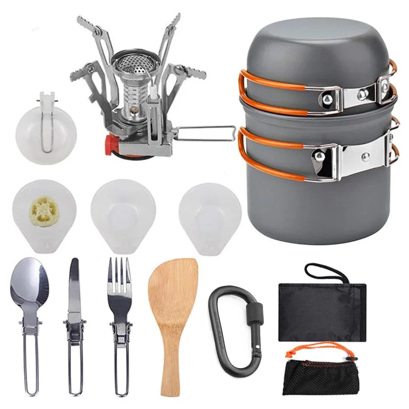 Portable 1-2 People Camping Cookware Set 15-18pcs Mess Kit with Non-Stick Pot Pans for Outdoor Cooking