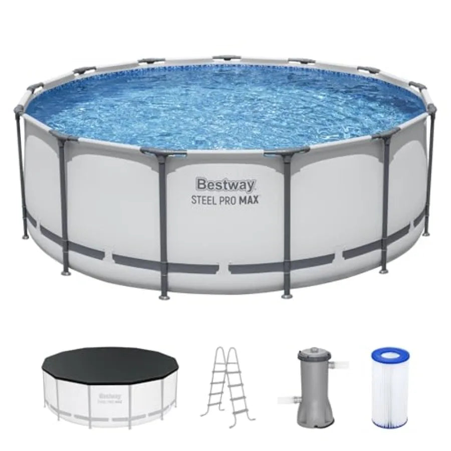 Steel Pro MAX 13' X 48' Above Ground Pool Round Metal Frame Outdoor Swimming Pool Set with Filter Pump Ladder and Cover Gray