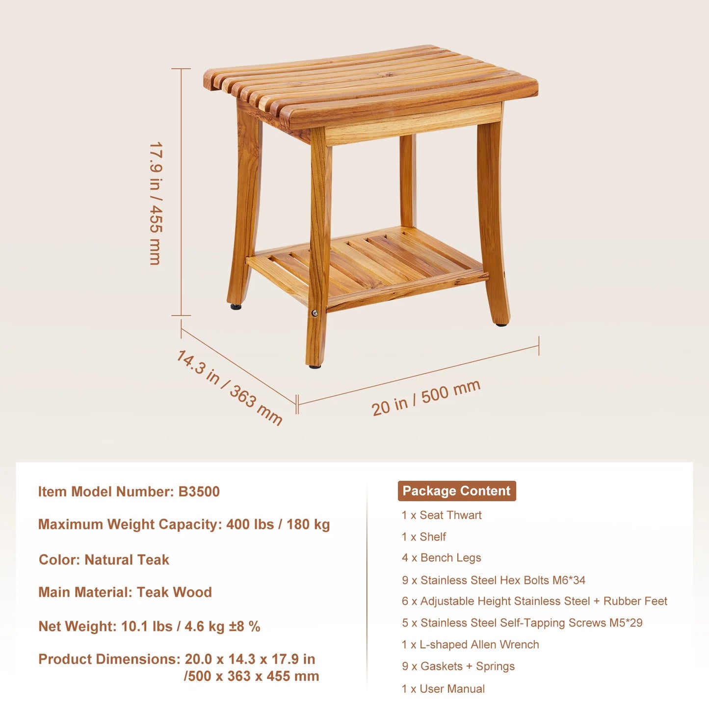 Bamboo Waterproof Shower Stool Chair with Storage Shelf 330lbs Load Capacity Spa Seat