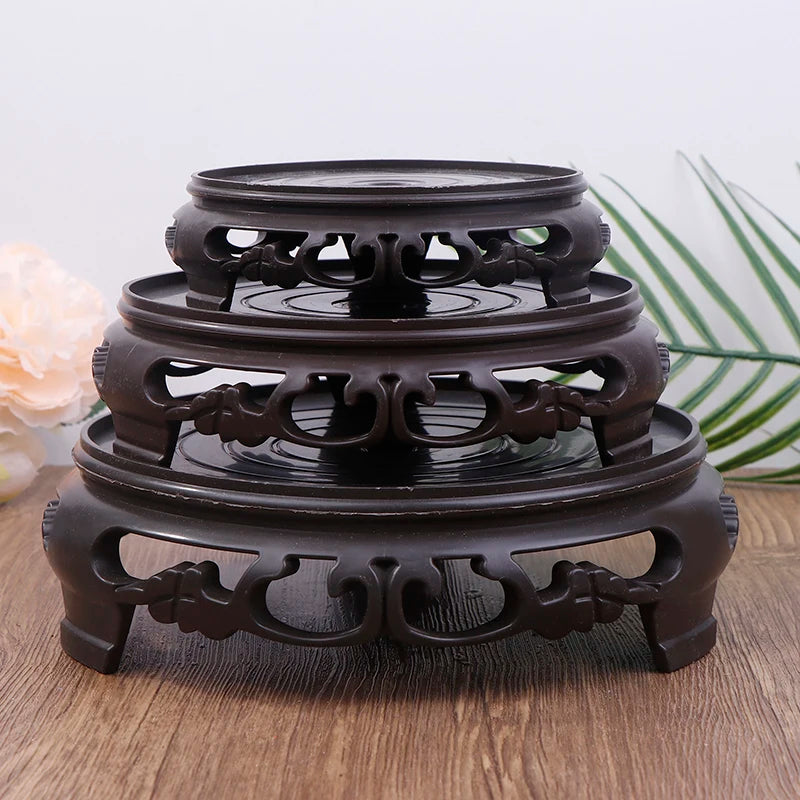 Deep Brown Carving Wooden Look Plastic Base Tray Flowerpot Holder Round Square Multi-Functional