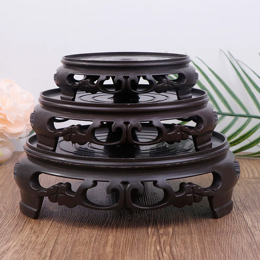Deep Brown Carving Wooden Look Plastic Base Tray Flowerpot Holder Round Square Multi-Functional