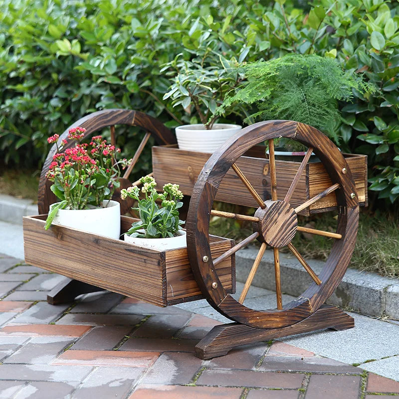 ‌Solid Wood Rolling Plant Cart - Outdoor Patio Stand