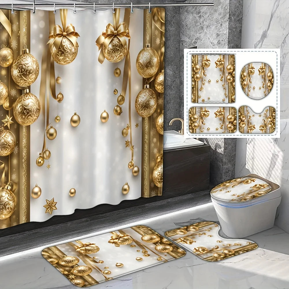 4PCS Holiday Gold Christmas Shower Set, 12 Hooks, Bath Mat, Toilet Seat Cover, U-Shaped Rug, Seasonal Bathroom Decor