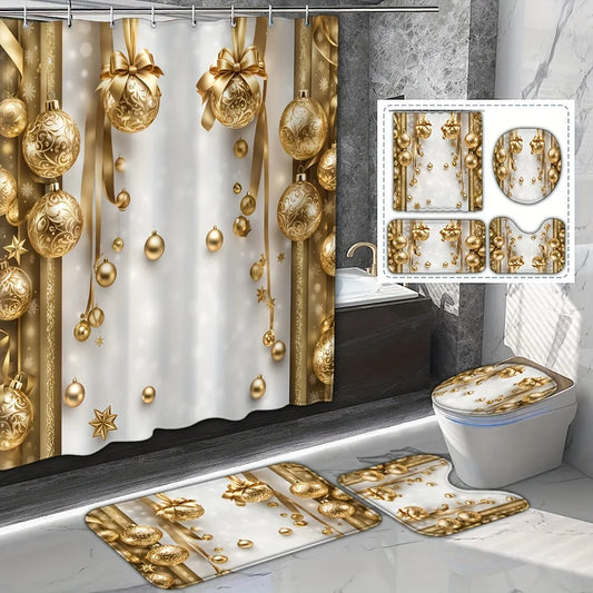 4PCS Holiday Gold Christmas Shower Set, 12 Hooks, Bath Mat, Toilet Seat Cover, U-Shaped Rug, Seasonal Bathroom Decor