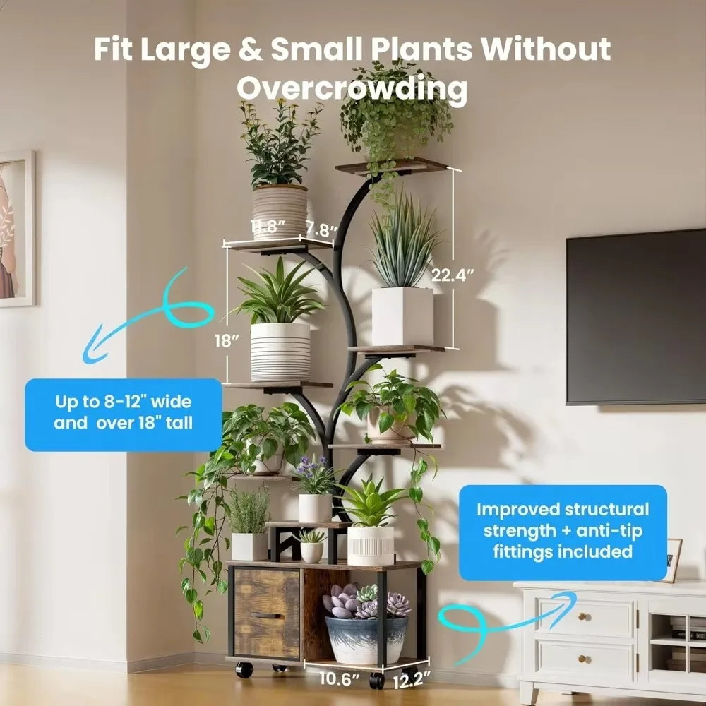 65" Indoor Plant Stand with Grow Lights, Tiered Metal Plant Shelf with Wheels and Drawer, Plant Storage Rack for Home Decor