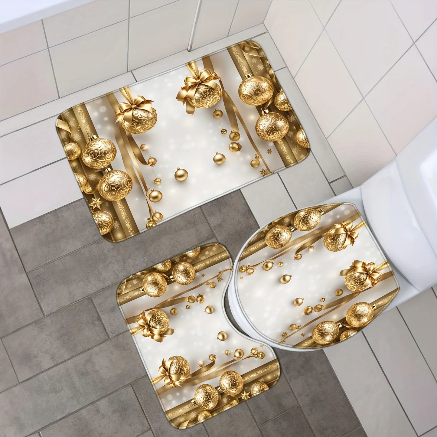 4PCS Holiday Gold Christmas Shower Set, 12 Hooks, Bath Mat, Toilet Seat Cover, U-Shaped Rug, Seasonal Bathroom Decor