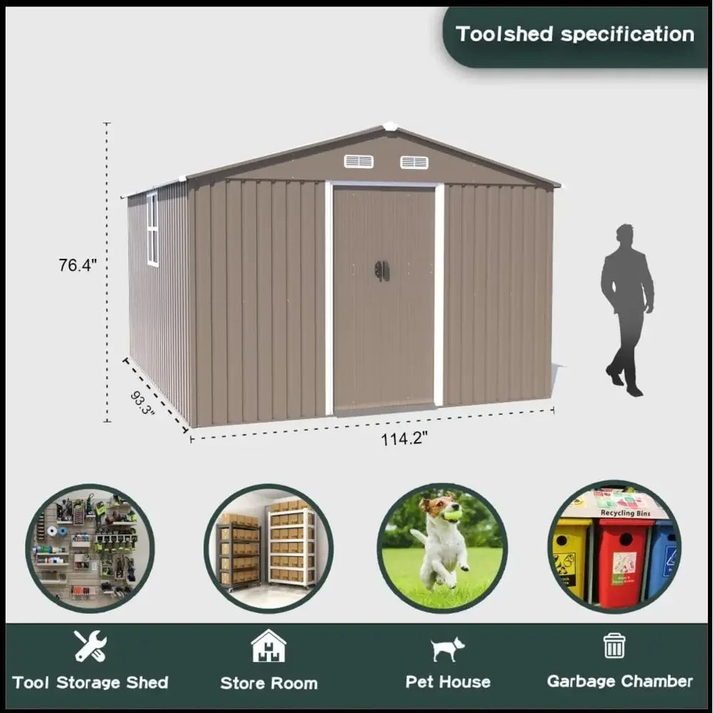 10FT x 8FT Outdoor Storage Shed with Window and Lockable Doors, Waterproof Tool Shed Galvanized Steel