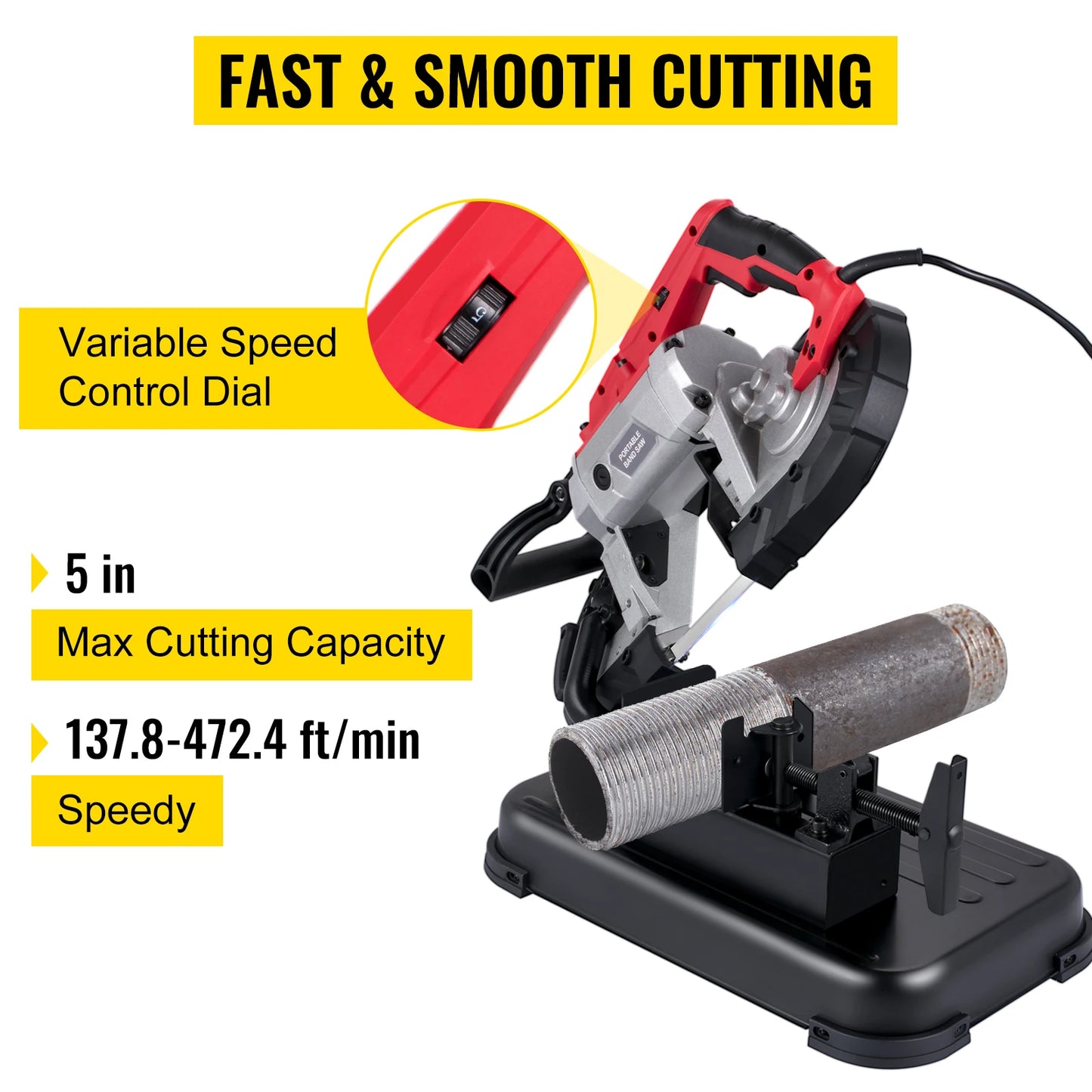 Portable Bandsaw 5Inch Cutting Capacity Cordless Variable Speed 10Amp Motor Deep Cut.