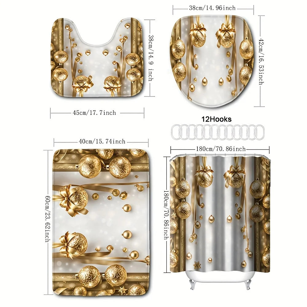 4PCS Holiday Gold Christmas Shower Set, 12 Hooks, Bath Mat, Toilet Seat Cover, U-Shaped Rug, Seasonal Bathroom Decor