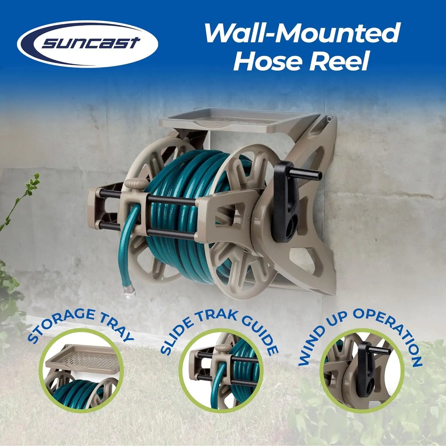 Wall-Mounted Garden Hose Reel, Holds 175 Ft of 5/8" Hose, with Storage Tray for Tools, Durable Resin, Easy Winding Guide