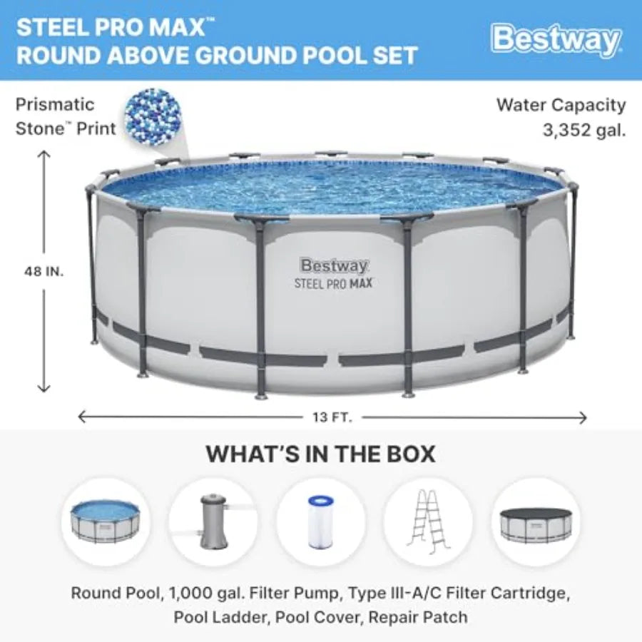 Steel Pro MAX 13' X 48' Above Ground Pool Round Metal Frame Outdoor Swimming Pool Set with Filter Pump Ladder and Cover Gray