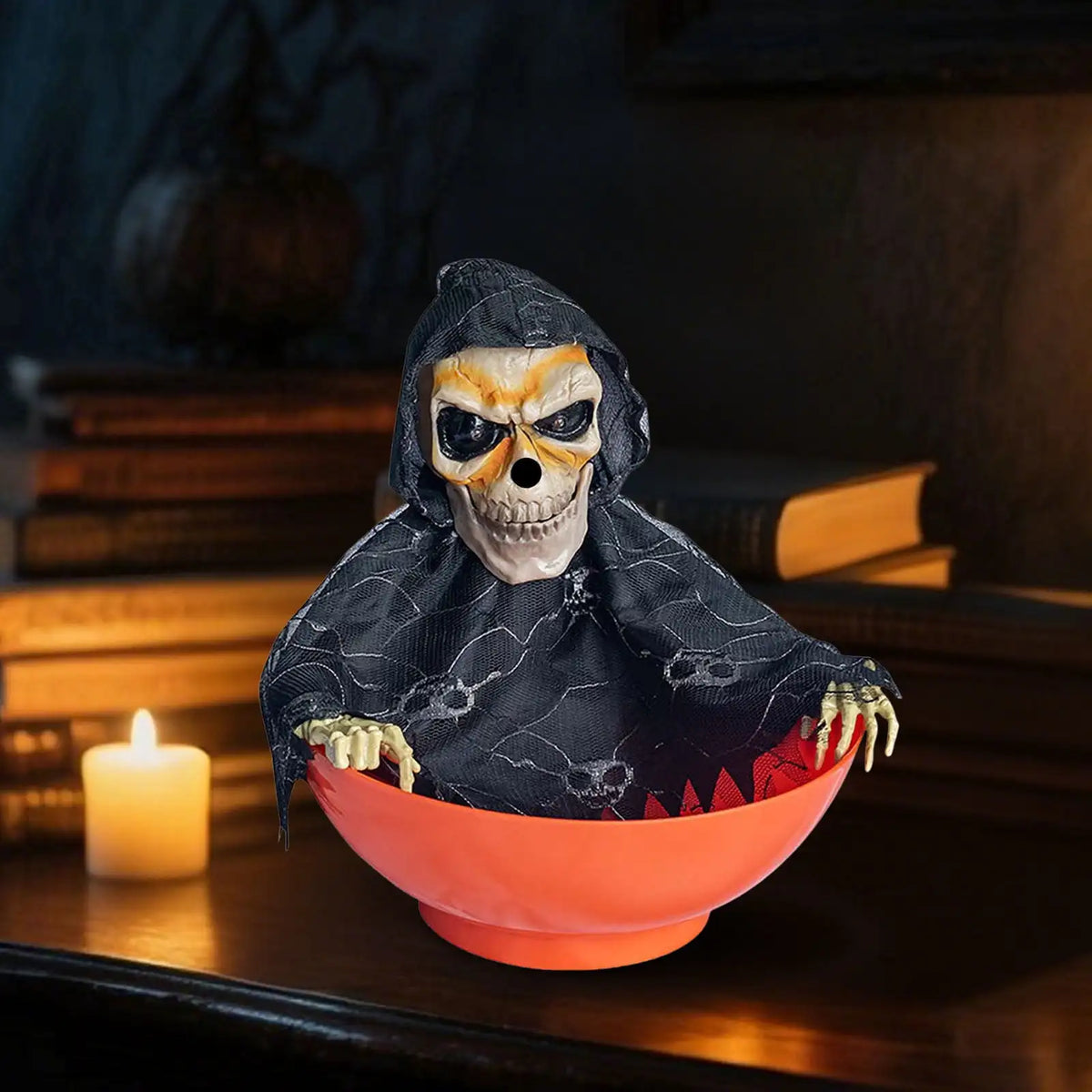 Halloween Skeleton Candy Bowl Motion Activated Animated Skull Holder Light Up Eyes Creepy Sound Trick or Treat Party Decor Stone & Stem