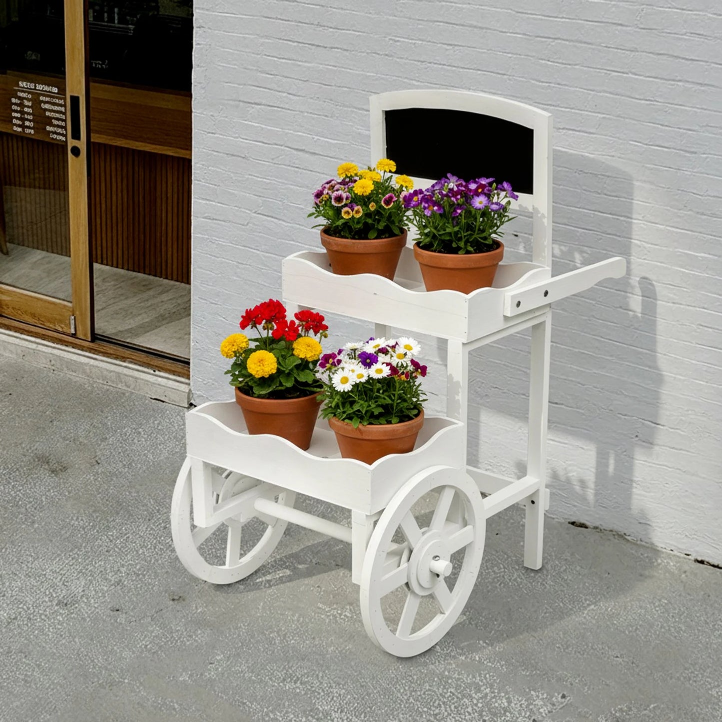 2-Tier Planter Cart, Garden Wood Flower Display Stand with Wheels