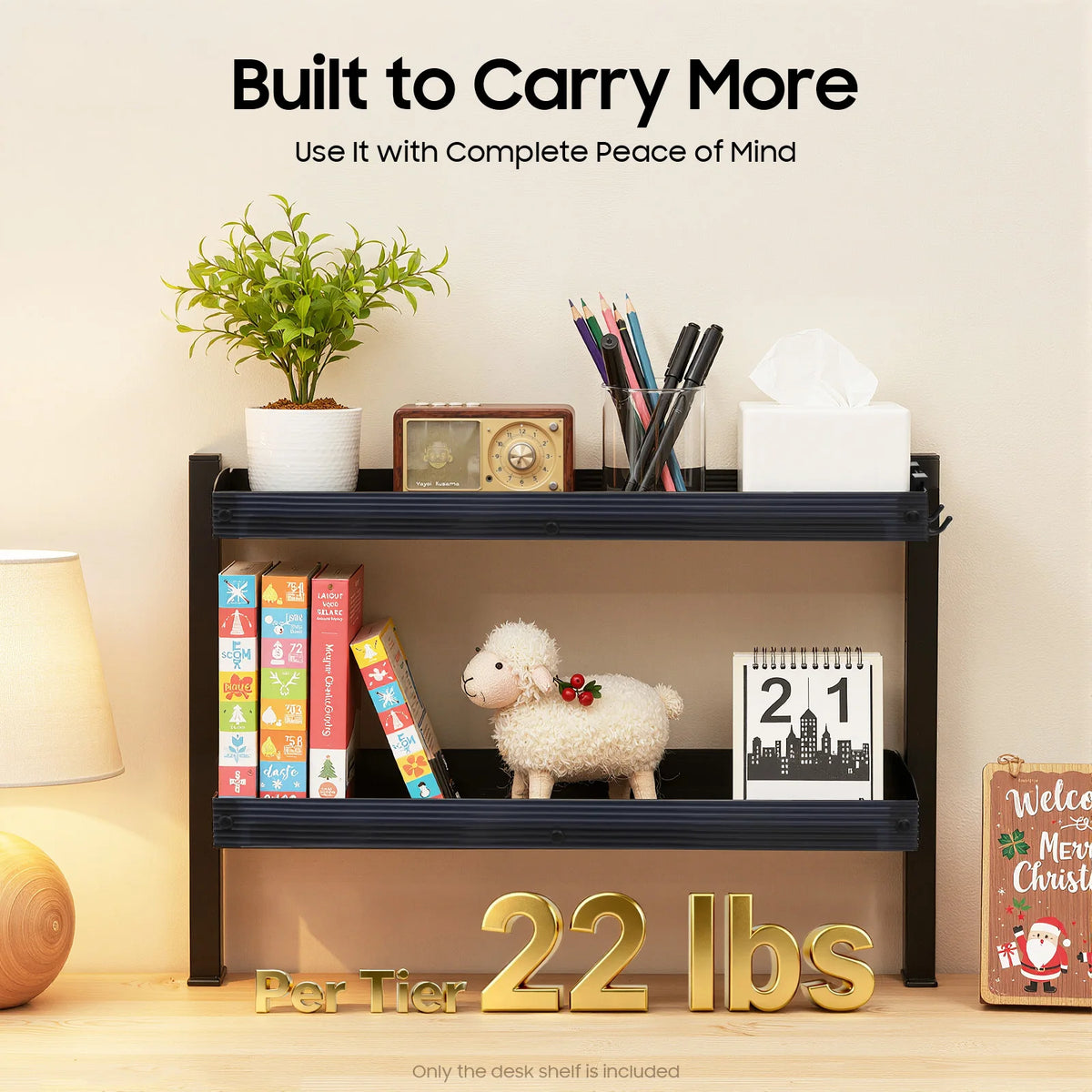2-Tier Clamp-On Desk Shelf Organizer,Black Space-Saving Storage Rack w/Clamping Mechanism,Perfect for Standing Desk Installation Stone & Stem