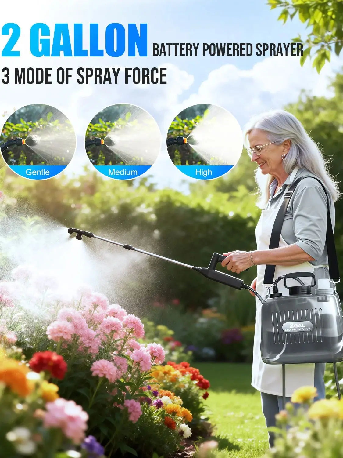 2 Gallon Battery Powered Sprayer, Electric Garden Sprayer with 3 Adjustable Pressure Levels, 4 Nozzles & Extendable Wand