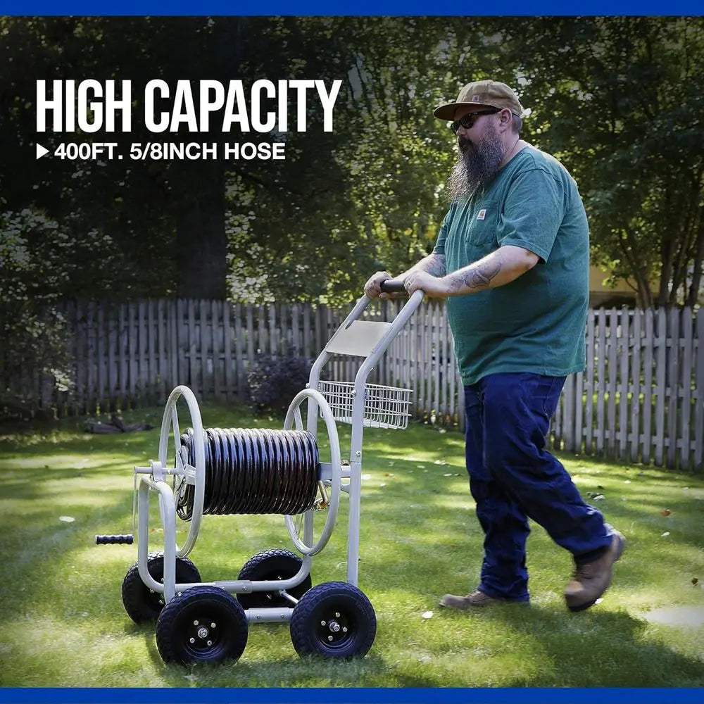 Garden Hose Cart, Holds 5/8 in. x 400 ft. Hose, Tubular Steel  10 in. Tires, Brass fittings, 6 foot. Leader Hose.