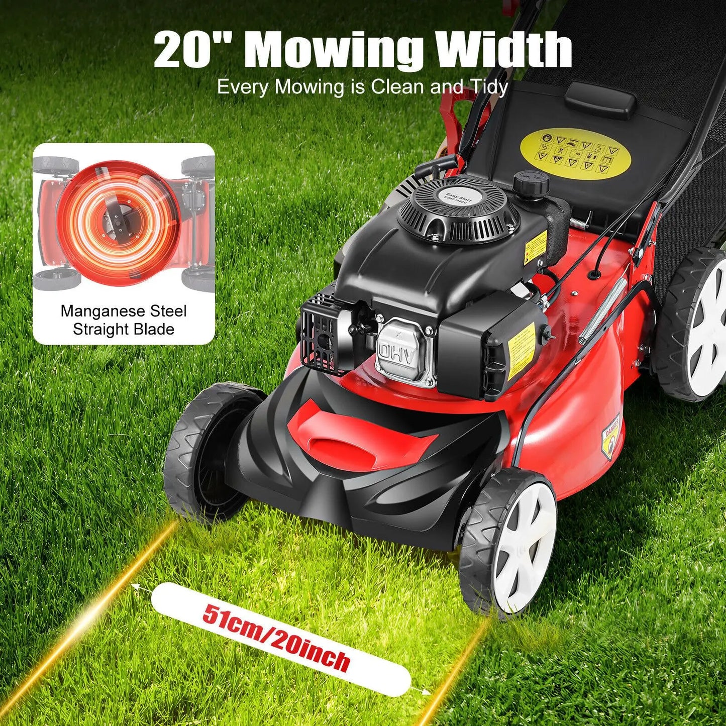 Self-Propelled Gas Lawn Mower – 140cc 4-Stroke Engine, 20" Cut Width & 8-Position Height