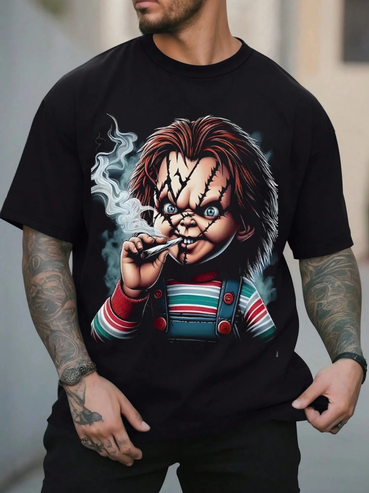 Chucky Inspired Men S 3D Printed T Shirt Casual Polyester  Crew Neck  Machine Washable  with Stitched Detail Black