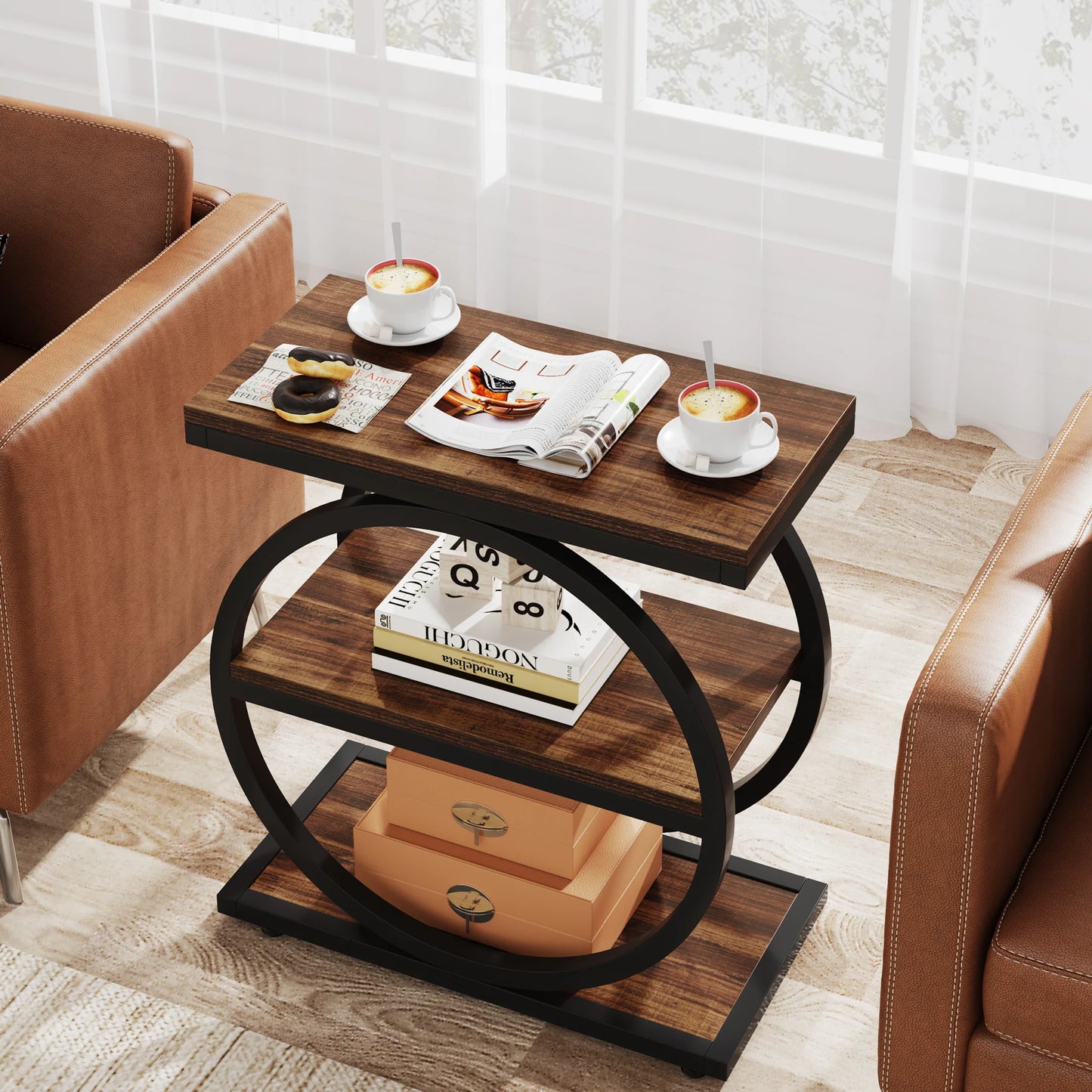 Narrow End Table with 3 Storage Shelves, Wooden.