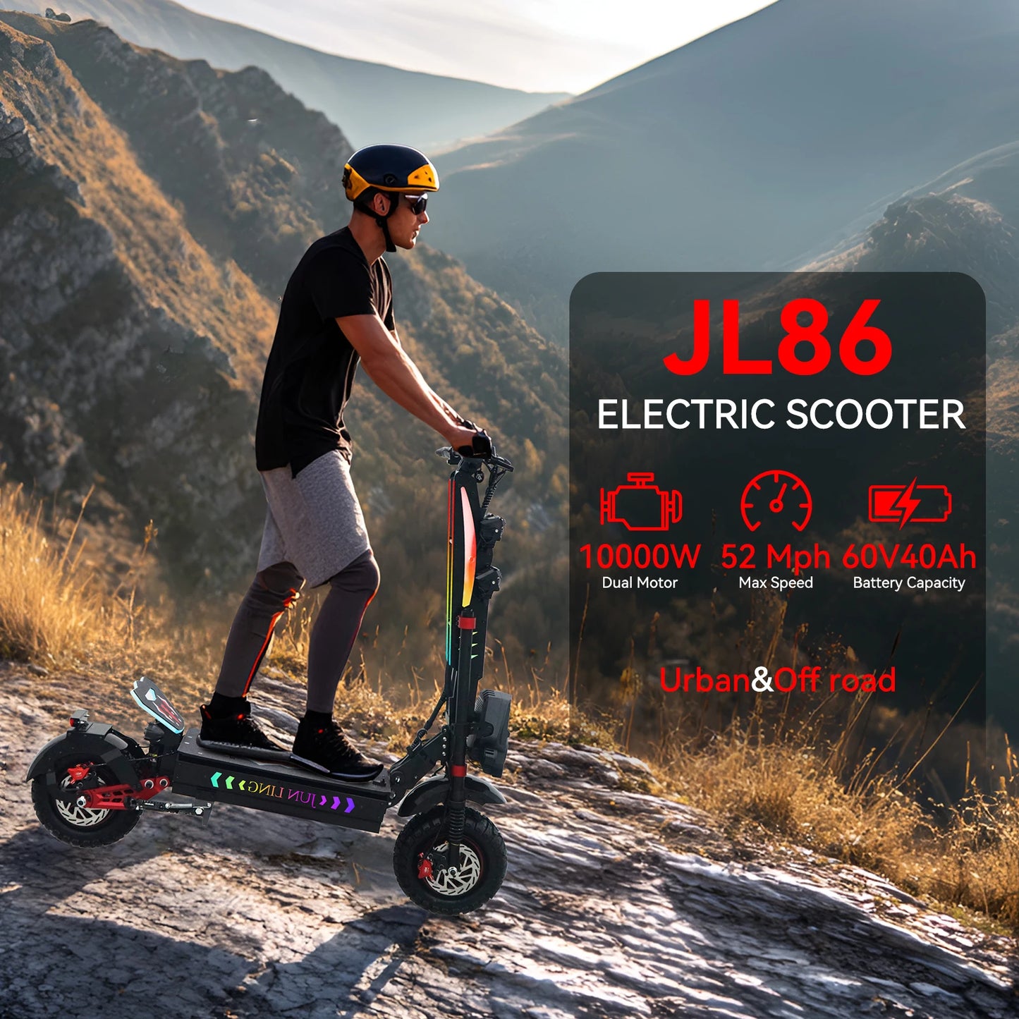 JL86 Electric Scooter 10000W Dual-Motor 60V40Ah 52Mph 75Mile Bluetooth 13 Inch Tire Adults